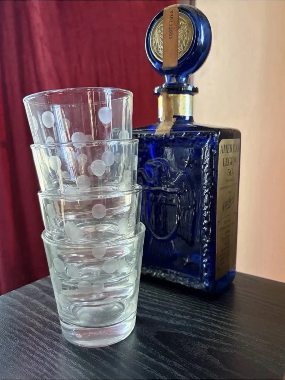 Blue Decorative Whiskey Decanter with 4 Etched Dot Glass Tumblers Set